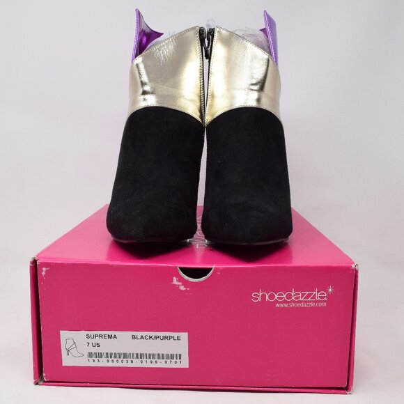 ShoeDazzle Suprema Booties Women 7 Black Purple Heels Closed Toe Colorblock Boot - Picture 3 of 11
